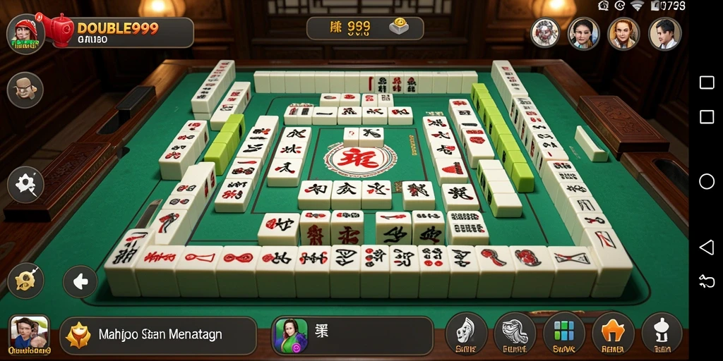 Screenshot gameplay dari DOUBLE999 menampilkan suasana permainan Mahjong yang seru.