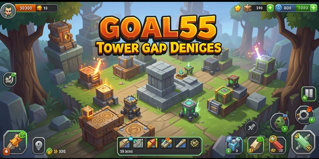 Tangkapan layar gameplay GOAL55 yang menampilkan menara dan musuh dalam strategi Tower Defense.