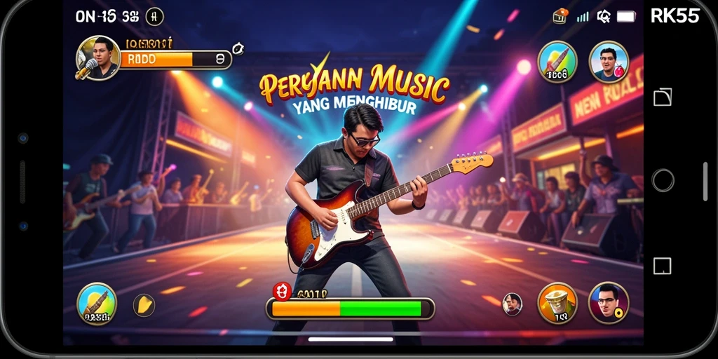 Tampilan gameplay RK55 dengan berbagai tantangan musik yang seru.