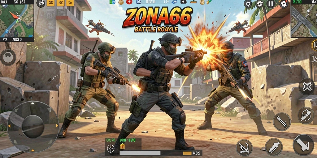 Tampilan gameplay seru dan menegangkan di ZONA66 Battle Royale.